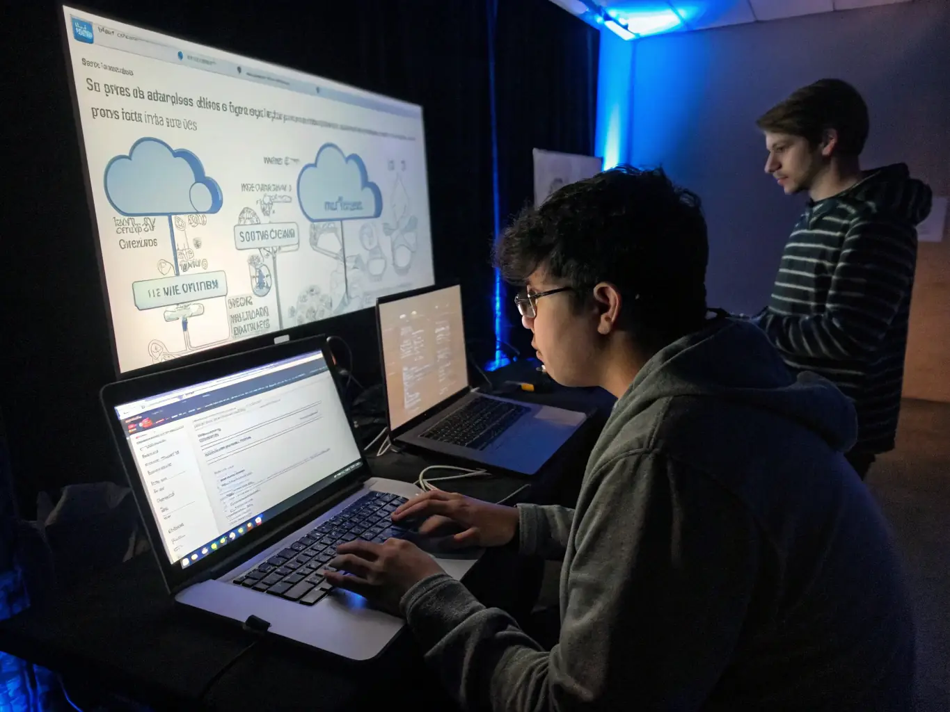 A classroom setting with students actively participating in a Git and GitHub training session, focusing on hands-on exercises and real-world scenarios.